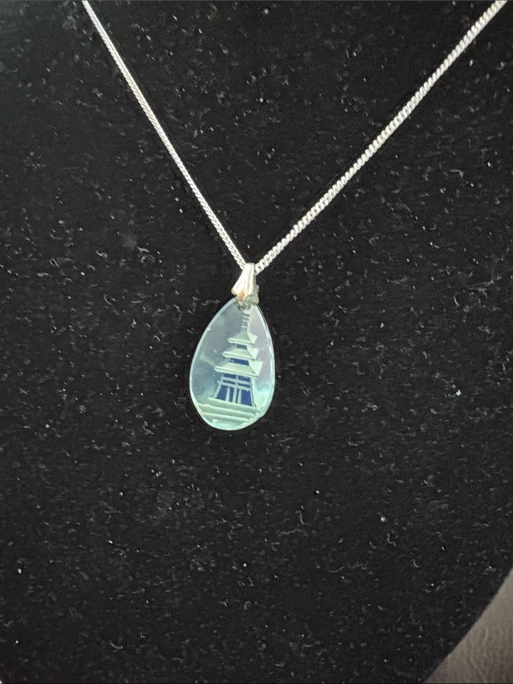 Vintage Sterling Silver Reverse Carved Glass Pagoda Pendant And Chain